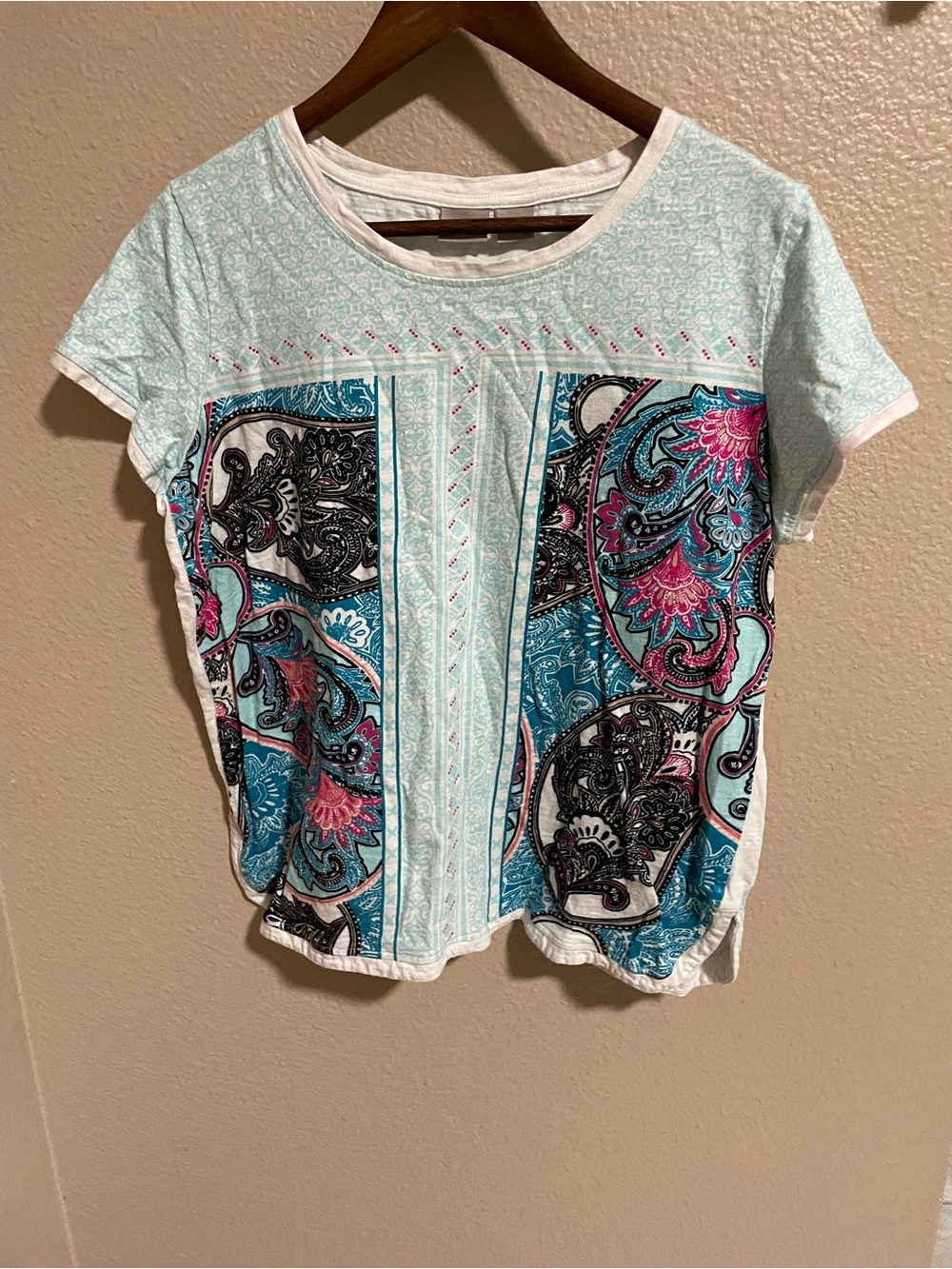 Chico's Short-Sleeve Paisley Panel Tee in Teal, Pink & Black